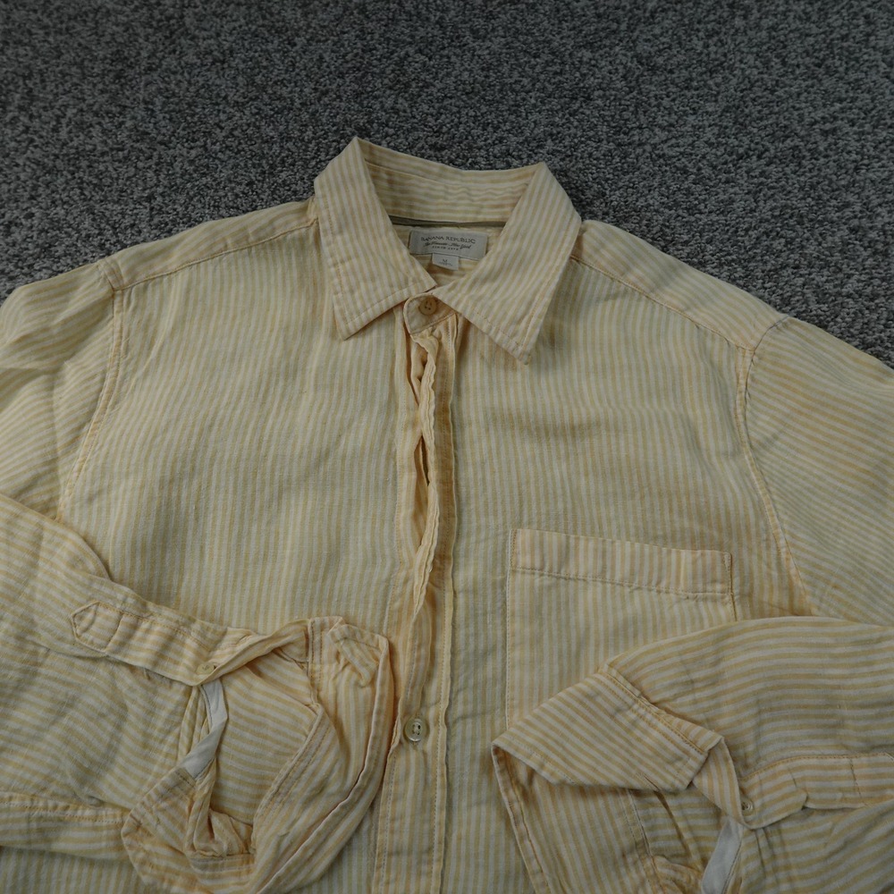 Banana Republic Shirt Mens M Yellow White Stripe Linen Chambray Button Up Summer
